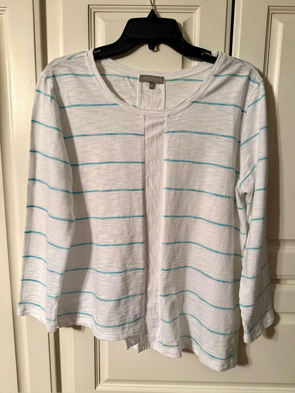 White & teal Striped three-quarter length sleeve women’s top. Small oversized.